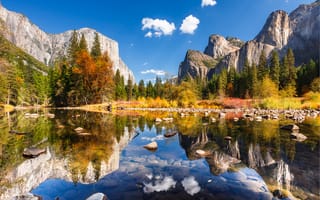 Картинка Yosemite National Park, лес, озеро, осень, США, река, камни, Калифорния, горы, деревья