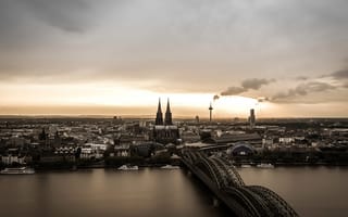 Картинка Кёльн, река, дым, мост, панорама, башня, Германия, собор
