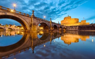 Картинка Италия, огни, отражение, мост, Рим, река