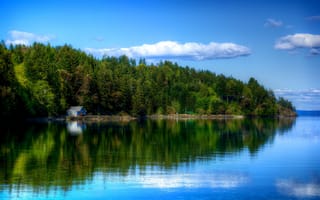 Картинка США, берег, отражение, небо, облака, деревья, Lilliwaup, река, лес, домик