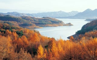 Картинка Chungjuho lake, озеро, горы, лес, осень, Korea