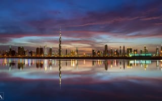 Обои ОАЭ, огни, небо, Dubai, вечер, башня Бурдж-Халифа, город, горизонт, Дубай, отражения, дома, вода