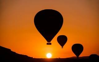 Картинка Каппадокия, горы, Турция, закат, воздушный шар, солнце, небо, силуэт
