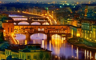 Картинка Флоренция, Понте Веккьо, дома, огни, Арно, мост, река, ночь, Италия