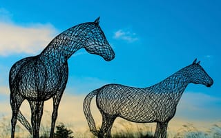 Картинка лошадь, скульптура, трава, небо