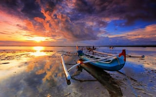 Картинка Тайланд, отражение, закат, лодка, океан, небо