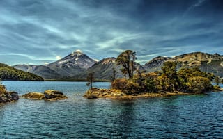 Картинка Аргентина, озеро, островок, обработка, горы
