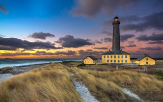 Картинка lighthouse, ocean, grass, sunset, coast