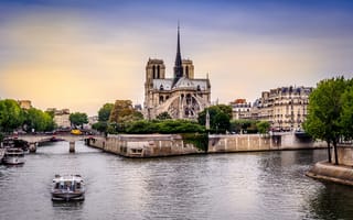 Картинка Париж, собор парижской богоматери, кораблик, Сена, река, Франция