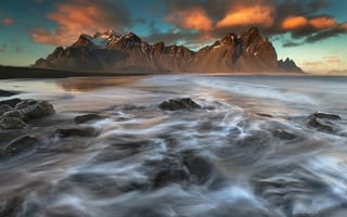 Картинка Исландия, волны, горы, выдержка, Vestrahorn, море