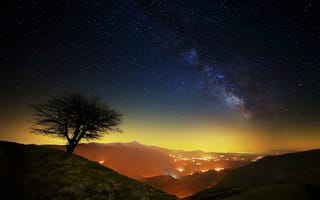 Картинка Италия, млечный путь, ночь, горы, Национальный парк Сибиллини, дерево, звезды