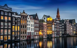 Картинка Нидерланды, выдержка, огни, дома, вода, канал, Амстердам