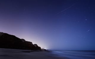 Картинка звезды, метеор, Орион, скалы, океан
