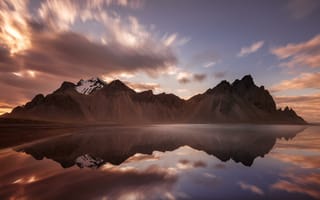 Картинка горы, озеро, закат, отражение, пейзаж