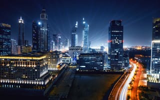 Обои Dubai, город, огни, burj, city, Дубай, ОАЭ, Financial Center, UAE, небоскрёбы, ночь