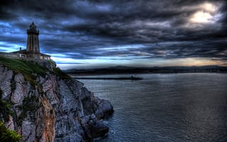 Картинка Испания, маяк, вечер, скала, побережье, море, закат, облака, Zeluan, Asturias