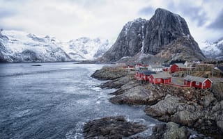 Картинка море, Норвегия, горы, дома