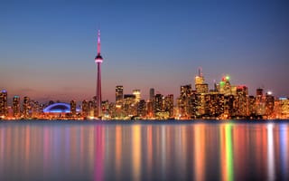 Картинка Канада, сумерки, зеркало, озеро Онтарио, отражение, Си-Эн Тауэр, Торонто, небо, Онтарио