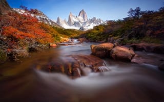 Картинка Южная Америка, горы, Патагония, Анды, камни, осень, поток, пики, вода, выдержка