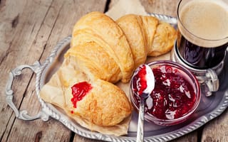 Картинка breakfast, кофе, завтрак, круассан, croissant, coffee, джем, cup, jam, выпечка