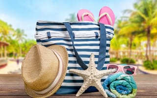 Картинка vacation, accessories, каникулы, шляпа, сумка, отдых, очки, sun, пляж, summer, полотенце, beach, лето, сланцы, starfish, sand