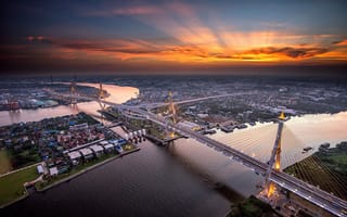 Картинка город, вечер, мост Дипангкорн Расмийоти, небо, Бангкок, река Менам-Чао-Прая
