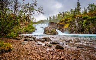 Картинка США, водопад, деревья, Lake Clark National Park, камни, речка
