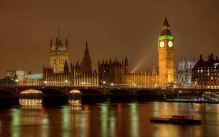 Картинка Лондон, Темза, ночь, Англия, река, огни, мост, башня, парламент