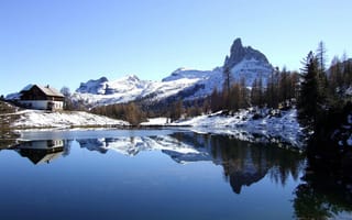 Картинка Italy, зима, снег, Dolomites, Lake Federa, горы, озеро, Becco di Mezzodi, Италия