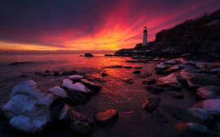 Обои lighthouse, sunset, ocean, coast, rock