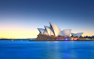 Картинка Австралия, сумерки, залив, небо, Оперный театр, луна, Сидней