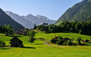 Картинка Швейцария, городок, трава, дома, Flueli, лес, деревья, поле, горы, долина