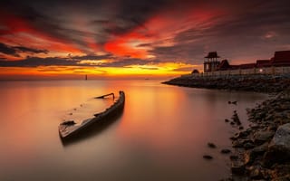 Картинка закат, лодка, море