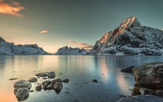 Картинка Норвегия, небо, пейзаж, снег, берег, горы
