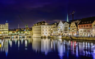 Картинка Швейцария, ночь, город, дома, река, Gockhausen