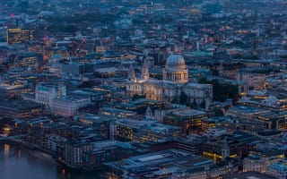 Картинка Лондон, собор Святого Павла, вид с башни Shard, панорама, англия, дома, вечер, огни