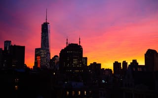 Картинка manhattan, вечер, дома, Нью-Йорк, небоскреб, закат, огни, небо, США