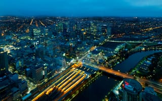 Картинка Melbourne, панорама, огни, река, мост, улица, Australia, ночь, собор, квартал