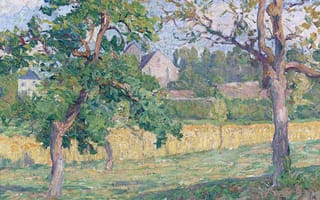 Картинка Анри Лебаск, поле, дом, Деревенский пейзаж, картина, деревья