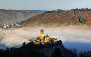 Картинка Германия, Cochem, горы, река, Reichsburg, туман, замок, вид сверху
