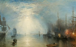 Картинка Уильям Тёрнер, Keelmen Heaving in Coals by Moonlight, парус, корабли, картина, морской пейзаж, облака, небо