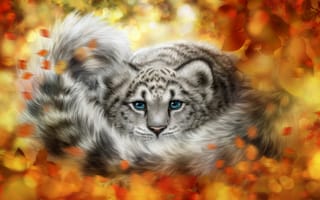 Картинка леопард, снежный барс, взгляд, листья, ирбис