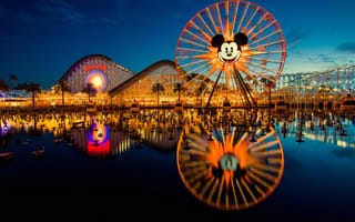 Картинка Disneyland, парк, ночь, колесо, аттракционы, горки