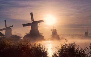 Картинка windmill, fog, sunrise