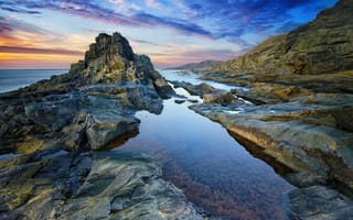 Картинка Канарские острова, океан, спокойствие, скалы, пляж, утро, восход, водоросли
