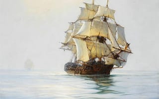 Картинка Montague Dawson, море, фрегат, корабль, парусник, штиль