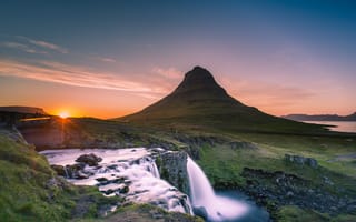 Картинка Iceland, Исландия, гора, утро, водопад, Kirkjufel