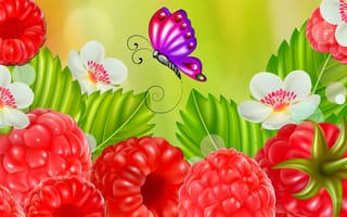 Картинка коллаж, природа, цветы, ягоды, открытка, бабочка, малина