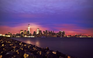 Картинка Соединенные Штаты, облака, ночь, зеркала, 1WTC, Нью-Йорк, панорама, OWTC, One World Trade Center, огни