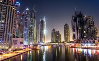 Картинка Объединённые Арабские Эмираты, река, Dubai, город, небоскребы, дома, ночь